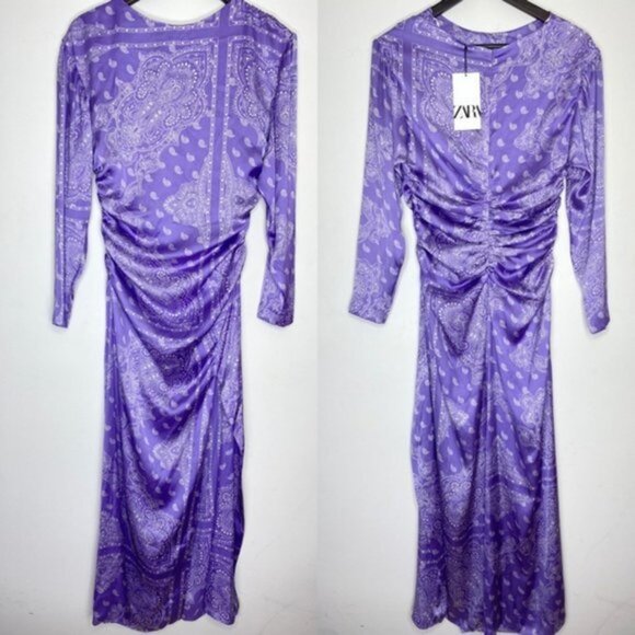 NWT Zara Purple Paisley Print Satin Midi Dress Blogger Favorite Women Size Small - Picture 5 of 8